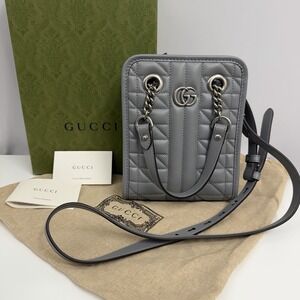 Gucci Leather GG Marmont Small Tote or Shoulder Crossbody Bag Purse Gray NWOT